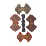 Five large format antique Chinese thread winders comprising a plain Zhitan wood example, 12.5cm