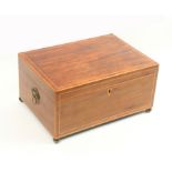 A Georgian mahogany, line inlaid and crossbanded rectangular sewing box, brass floral ring side