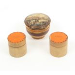 An early Tunbridge ware print and paint decorated salve pot and two cylinder bead boxes, the line