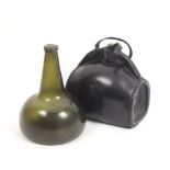 An 18th Century green glass onion form bottle, and a reproduction leather costrel, the bottle with