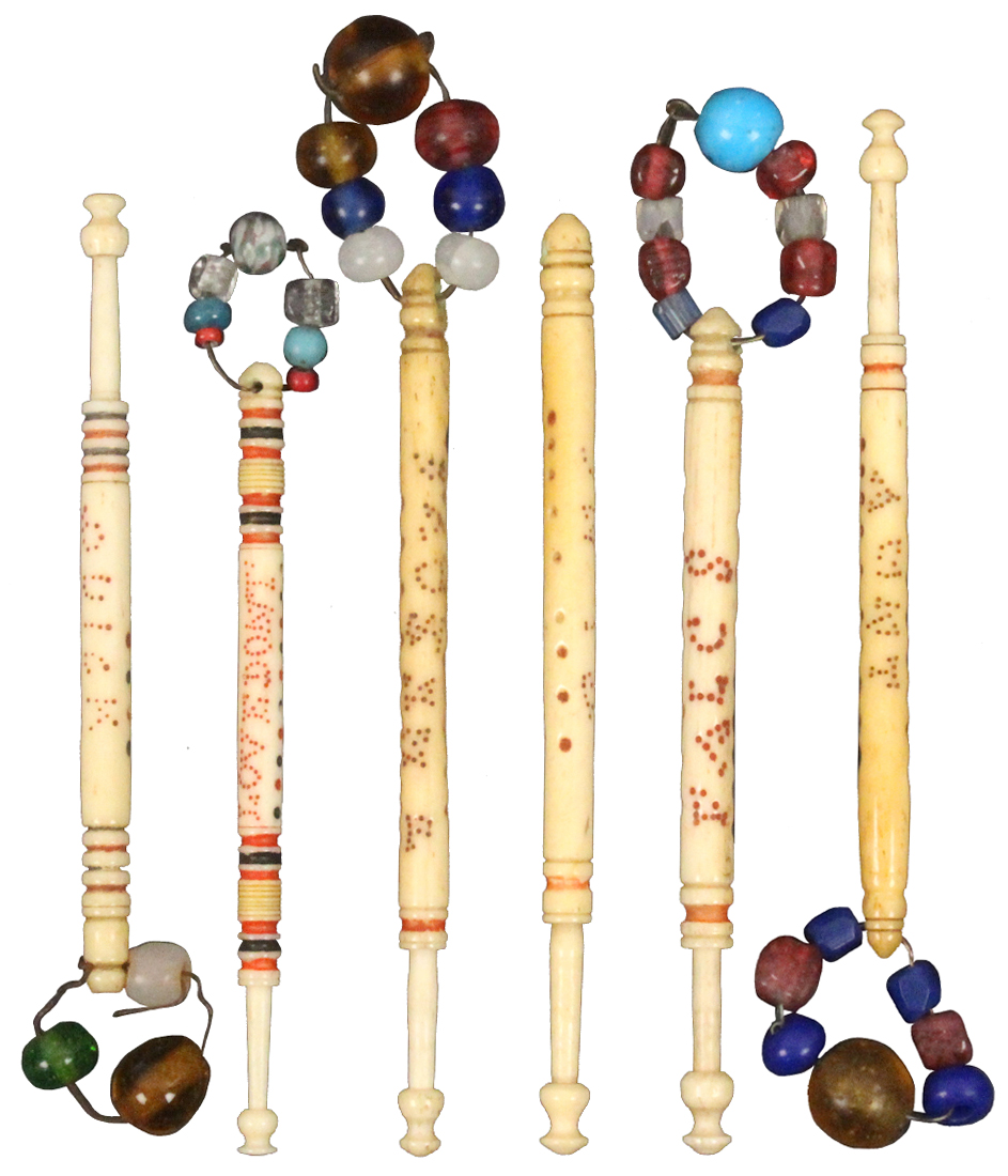 Lace Bobbins - six turned bone lace bobbins spot inscribed Dear Aunt/Buy the Ring/Kiss Me Quick/