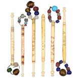 Lace Bobbins - six turned bone lace bobbins spot inscribed Dear Aunt/Buy the Ring/Kiss Me Quick/