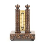 A good Tunbridge ware thermometer stand, the ivory scale with mercury thermometer and inscribed '