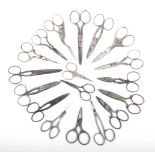 Eighteen pairs of 19th century and later steel scissors, largest, 11cm (18)