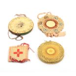 Two cut card needle books and two card exercises comprising an embroidered circular needle book, 6.