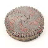 An unusual large disc form steel pin cushion, 18th Century, each disc pierced and engraved with