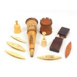 A mixed lot - sewing - comprising a German cone form white wood sewing companion transfer