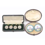 Buttons - two cased sets, comprising a set of four white metal buttons initialled 'HH', back stamped