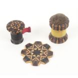 Tunbridge ware - sewing - three pieces, comprising a cylinder form combination pin cushion/waxer