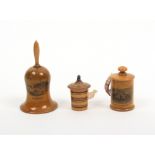 Three tape measures comprising a ring painting early Tunbridge ware example, complete but fragile