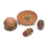 Tunbridge ware - sewing - four pieces comprising a rosewood pin dish with geometric mosaic panel,