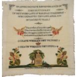 A sampler, three Bristol card memoriums and two others, the sampler unmounted 'ÉRemembrance of