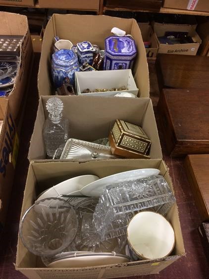 Three boxes of china and glass etc.