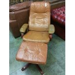 Brown leather swivel chair and footstool