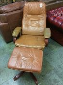 Brown leather swivel chair and footstool