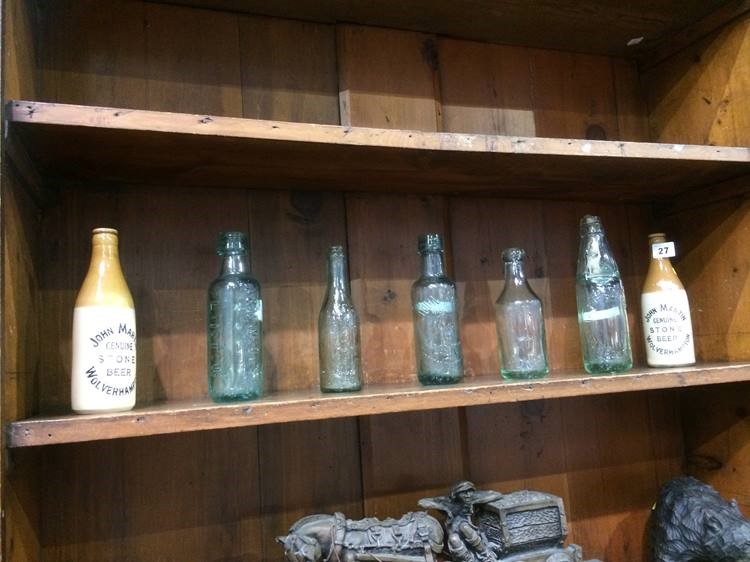 Five glass bottles including; A and W Wells, Cambridge Soda Water Works, John Martin, Edwin Short,