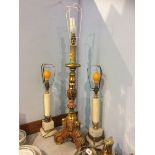 Pair of onyx lamps and one other