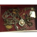 Various Alberts with gold and silver fobs etc.