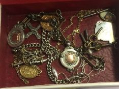 Various Alberts with gold and silver fobs etc.