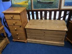 Pine box and pine chest of drawers