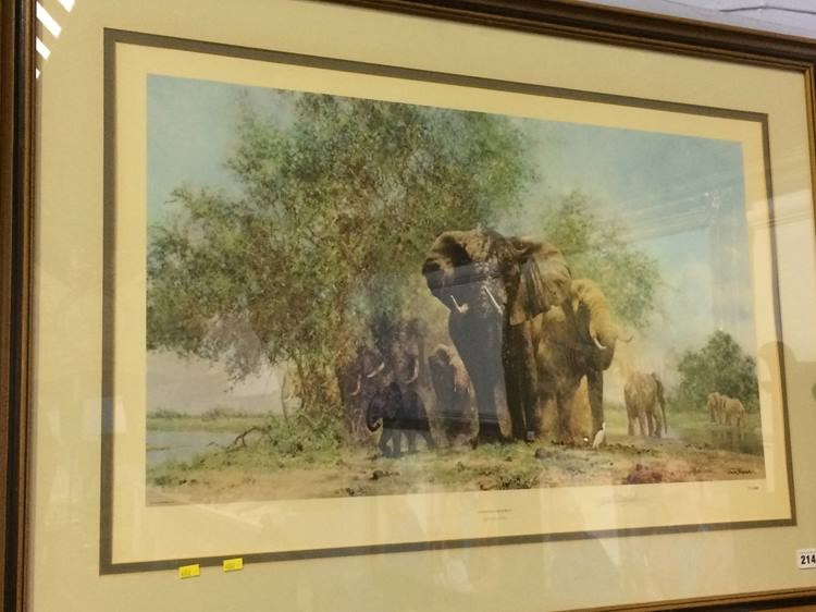 Signed David Shepherd print, 'Elephants and Egrets'