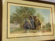 Signed David Shepherd print, 'Elephants and Egrets'