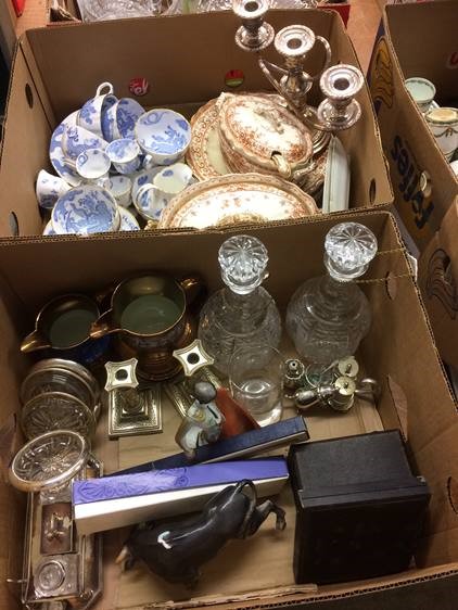 Two boxes of assorted including decanter etc.