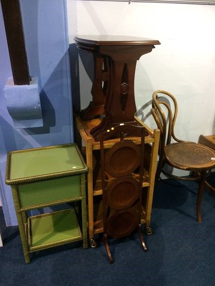 Bentwood chair, sewing box, nest of tables, cake stand, tea trolley etc.