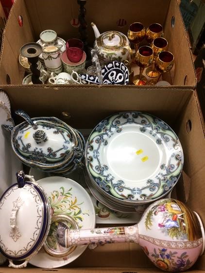 Two boxes of assorted with part 'Iris' dinner service, Royal Worcester blue Dragon china, etc,etc.