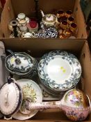 Two boxes of assorted with part 'Iris' dinner service, Royal Worcester blue Dragon china, etc,etc.