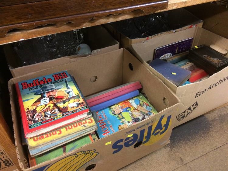 Two boxes of glassware and two boxes of books