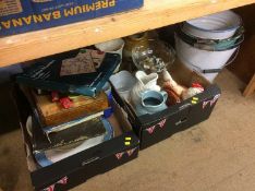 Two trays of assorted, and various enamel buckets