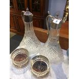 Pair of claret jugs and pair of wine coasters