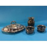 Silver plated tureen, pair of silver wine coasters and a vase