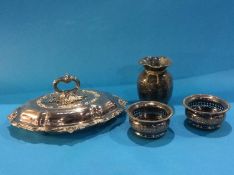 Silver plated tureen, pair of silver wine coasters and a vase