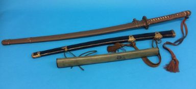 An Imperial Japanese army sword, no blade with blue-brown sword knot and two other scabbards and a