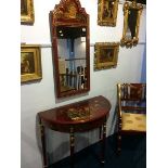 A modern red lacquered Oriental design mirror, half moon table and a carver chair (3)
