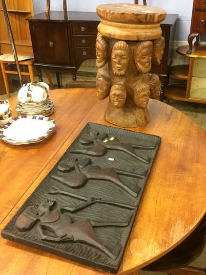 Carved African style plaque and stool