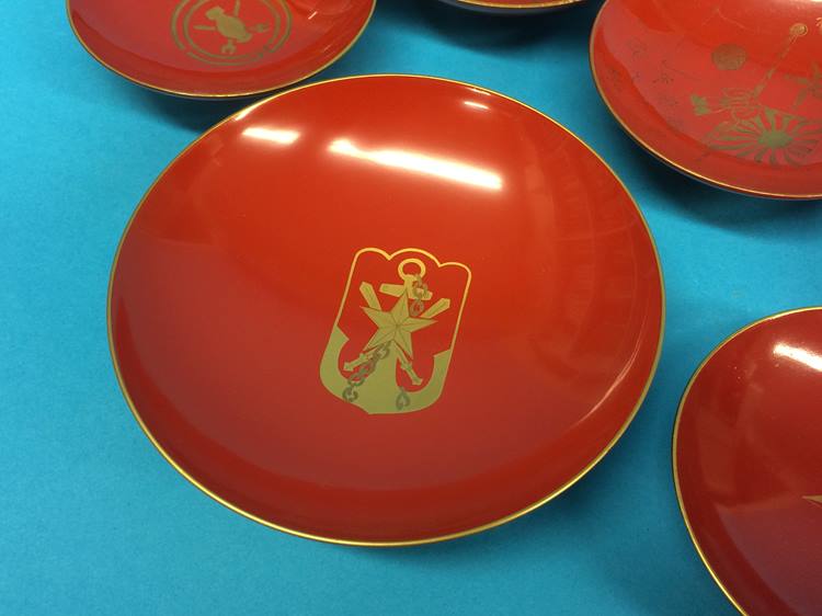 A set of three Japanese Imperial army red lacquered sake cups, Russian - Japanese war 1904, and a - Image 3 of 11