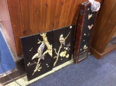 Two Shibuyama panels of birds and a Shibuyama fire screen