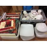 Box of books, tea and dinner china