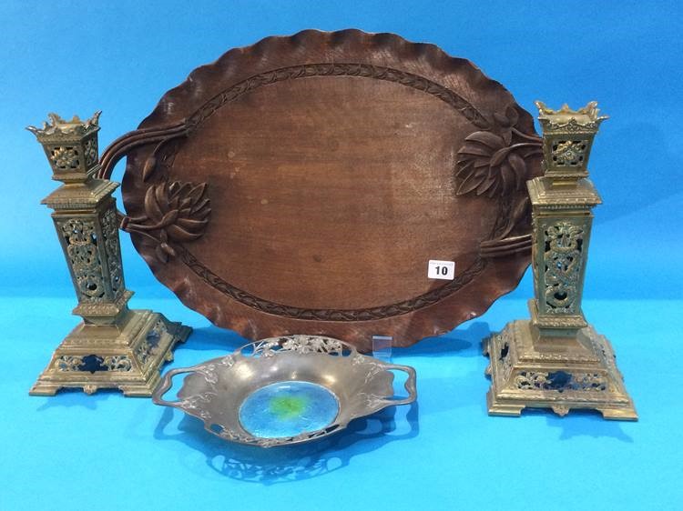 Carved hardwood tray, pair of candlesticks and an enamelled pewter dish - Image 2 of 12