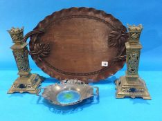 Carved hardwood tray, pair of candlesticks and an enamelled pewter dish