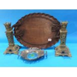 Carved hardwood tray, pair of candlesticks and an enamelled pewter dish