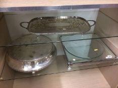 Two plated cake stands and a tray