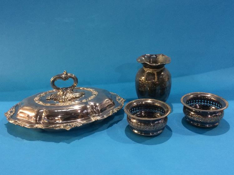 Silver plated tureen, pair of silver wine coasters and a vase - Image 2 of 8