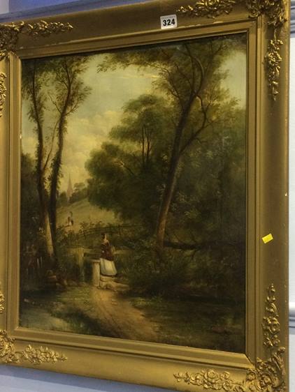 19th century school, oil on canvas, unsigned, 'Lady walking towards a church, stepping over a