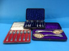 Set of six silver spoons, pair of plated berry spoons etc.
