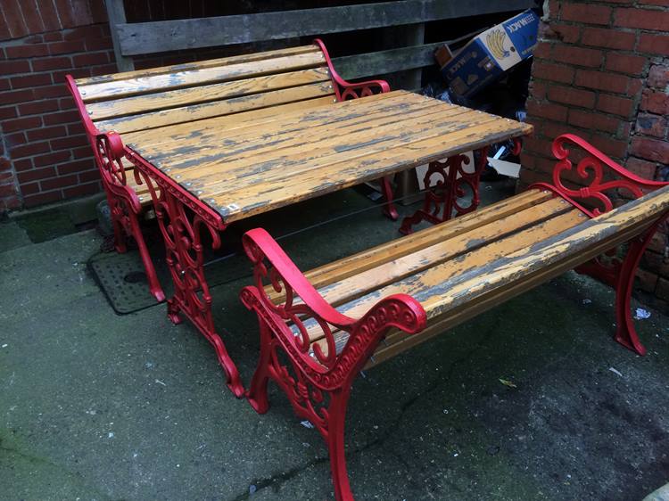 A slatted garden table with metalwork ends and a pair of benches - Image 3 of 3