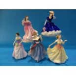 Five Royal Doulton figures, with boxes